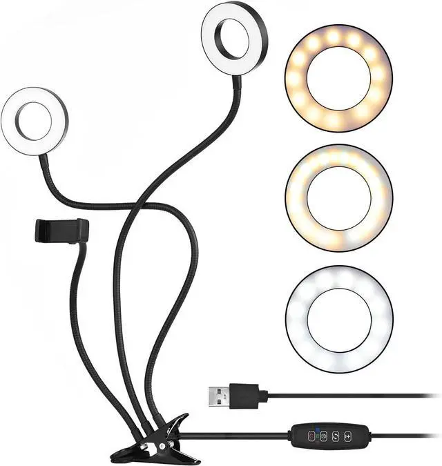 Main image of Clip-On LED Ring Light 3 Lighting Modes USB Fill-in Lamp Dual Lights Dimmable Flexible Arms Design with Phone Holder for Live Video Chatting Selfie