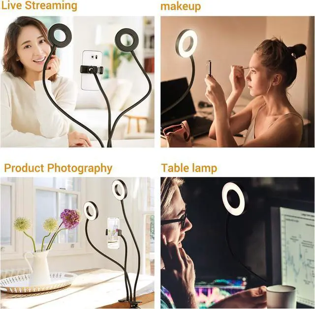Alt view image 5 of 7 - Clip-On LED Ring Light 3 Lighting Modes USB Fill-in Lamp Dual Lights Dimmable Flexible Arms Design with Phone Holder for Live Video Chatting Selfie