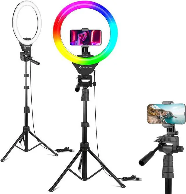 Main image of 12 RGB Ring Light with Tripod Stand and Phone Holder Selfie LED Lighting with 62 Phone and Stand 15 Color Effects for Video Recording Makeup Room Decor TikTok Creative Photography