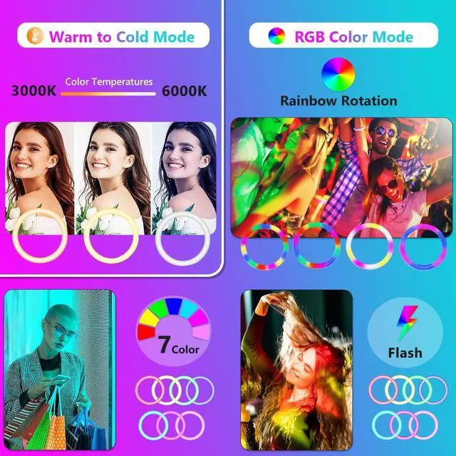Alt view image 3 of 6 - 12 RGB Ring Light with Tripod Stand and Phone Holder Selfie LED Lighting with 62 Phone and Stand 15 Color Effects for Video Recording Makeup Room Decor TikTok Creative Photography