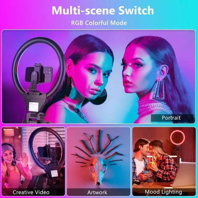 Alt view image 4 of 6 - 12 RGB Ring Light with Tripod Stand and Phone Holder Selfie LED Lighting with 62 Phone and Stand 15 Color Effects for Video Recording Makeup Room Decor TikTok Creative Photography