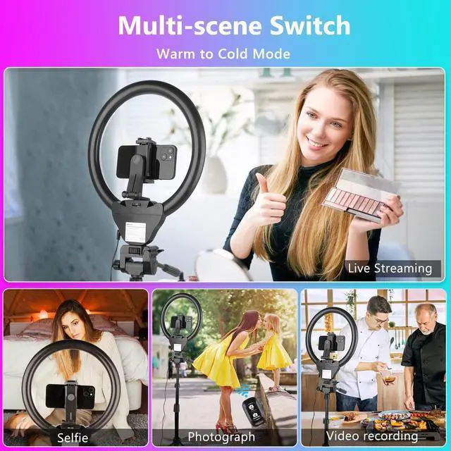 Alt view image 5 of 6 - 12 RGB Ring Light with Tripod Stand and Phone Holder Selfie LED Lighting with 62 Phone and Stand 15 Color Effects for Video Recording Makeup Room Decor TikTok Creative Photography