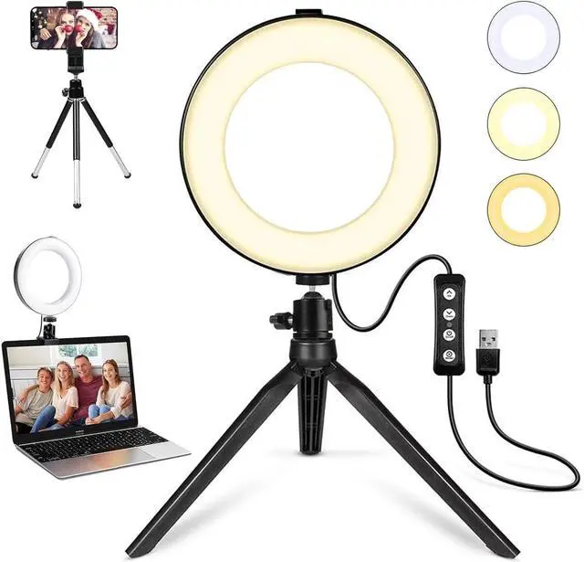 Main image of 2 in 1 LED 6 Ring Light with Tripod Stand & Clamp for YouTube Video & Makeup Mini LED Camera Light with Cell Phone Holder 3 Light Modes & 11 Brightness Levels Black