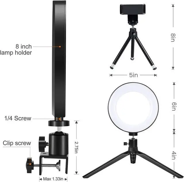 Alt view image 7 of 7 - 2 in 1 LED 6 Ring Light with Tripod Stand & Clamp for YouTube Video & Makeup Mini LED Camera Light with Cell Phone Holder 3 Light Modes & 11 Brightness Levels Black