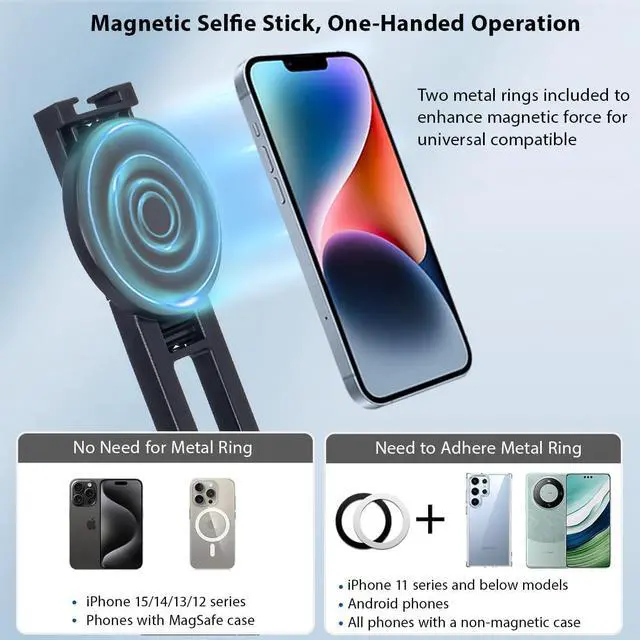 Alt view image 2 of 7 - Koolehaoda 64 Magnetic Selfie Stick Phone Tripod with Wireless Remote Compatible with MagSafe Portable 5 in 1 Phone Tripod Fit for iPhone 15/14/13 Pro Max Gopro Android Camera & Tablet