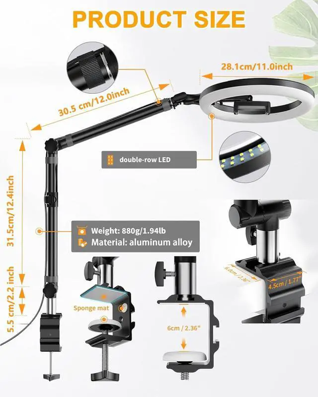 Alt view image 6 of 7 - 10 Desk Ring Light with Stand for Zoom Meetings Ring Light for Desk with Clamp Flexible Height Video Conference Light Adjust Arm Desk Lamp Zoom Light for Home Office