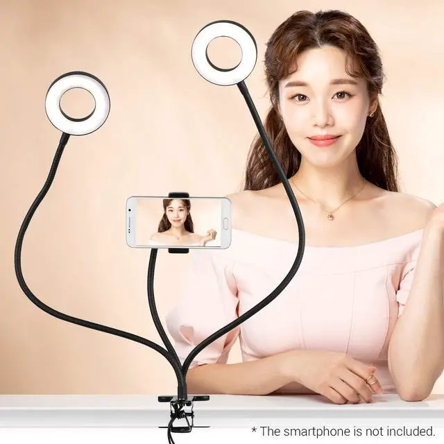 Alt view image 4 of 7 - Clip-On LED Ring Light 3 Lighting Modes USB Fill-in Lamp Dual Lights Dimmable Flexible Arms Design with Phone Holder for Live Video Chatting Selfie
