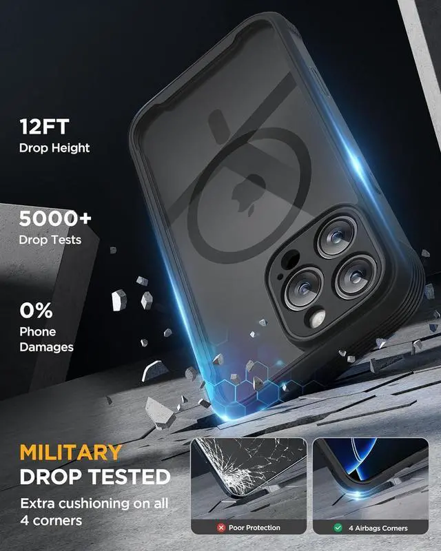 Alt view image 5 of 7 - Magnetic for iPhone 16 Pro Case Full-Body Phone with Built-in Glass Screen Protector [Compatible with MagSafe] Military Drop Proof 16 Pro Cover Bumper 6.3 inch Black