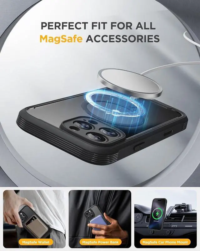 Alt view image 6 of 7 - Magnetic for iPhone 16 Pro Case Full-Body Phone with Built-in Glass Screen Protector [Compatible with MagSafe] Military Drop Proof 16 Pro Cover Bumper 6.3 inch Black