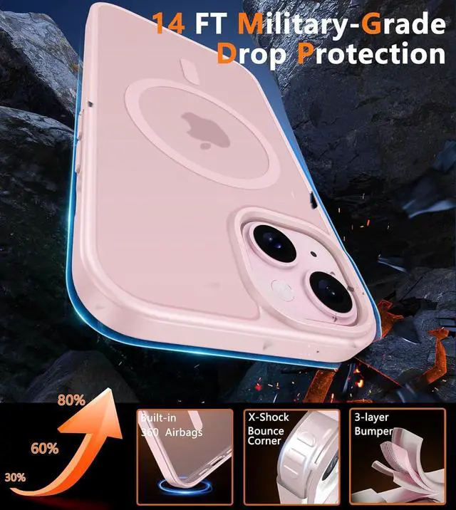 Alt view image 6 of 7 - for iPhone 15 Case: for iPhone 14 & iPhone 13 Case | Magnetic Frosted Translucent Slim Shockproof Cell Phone Cover | Military Grade Protection Drop Proof Tough Protective Cases - Pink