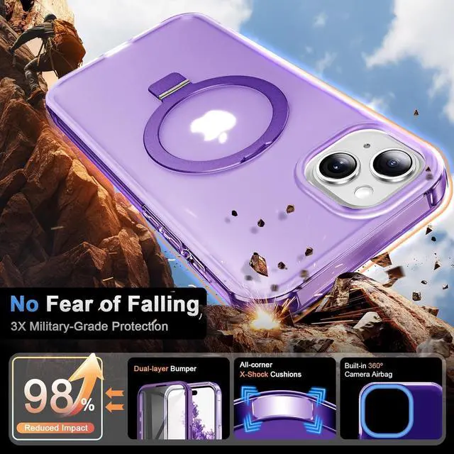 Alt view image 3 of 6 - for iPhone 15 Plus Full Body Shockproof Case with Magnetic Invisible Stand [Compatible with MagSafe] Built-in Screen Protector Military Drop ProtectionTranslucent Phone Cover -Purple