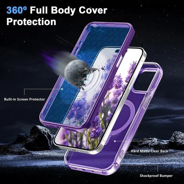 Alt view image 4 of 6 - for iPhone 15 Plus Full Body Shockproof Case with Magnetic Invisible Stand [Compatible with MagSafe] Built-in Screen Protector Military Drop ProtectionTranslucent Phone Cover -Purple