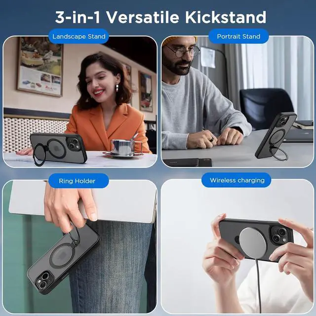 Alt view image 7 of 7 - Magnetic Case for iPhone 13/14 6.1 inch with 360 Rotatable Ring Stand Compatible with MagSafe Car Phone Mount Cases Cover Phone Holder for Desk Meeting/Videos Matte Black