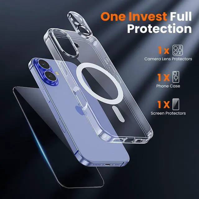 Alt view image 3 of 7 - 3 in 1 for iPhone 16 Case Clear with MagSafe Not Yellowing Screen Protector*1 Camera Lens Protector*1 Military-Grade Protection for iPhone 16 Phone Case 6.1 inch Clear