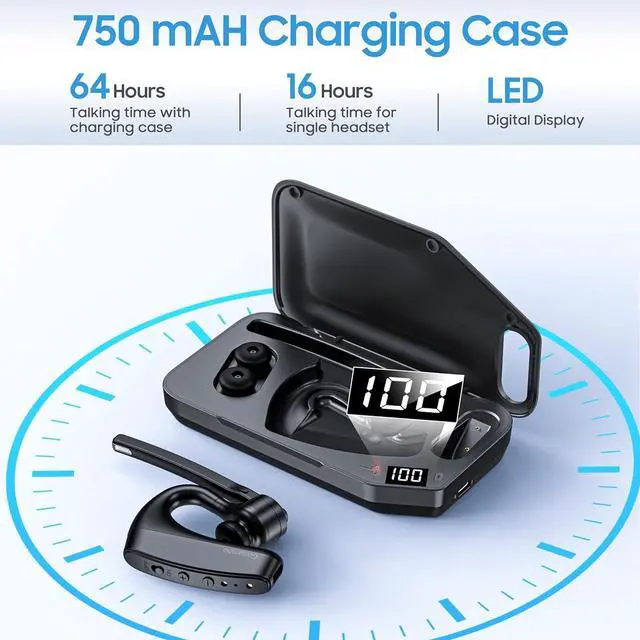 Alt view image 2 of 7 - Bluetooth Headset V5.2 Wireless Bluetooth Earpiece with 750mAH Charging Case 64Hrs Talktime Wireless Headset with CVC8.0 Dual Mic Noise Canceling for iPhone Cellphone Trucker Work