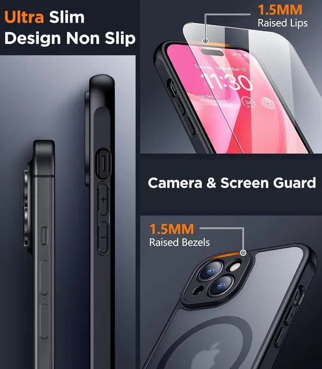 Alt view image 5 of 7 - Designed for iPhone 15 Case Magnetic with [2 Tempered Glass Screen Protector] [Full Camera Protection] Anti-Scratched Slim Phone Case for iPhone 15 6.1 Black