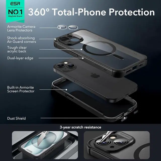 Alt view image 3 of 7 - for iPhone 15 Case Compatible with MagSafe Full-Body Military-Grade Drop Proof Case with Built-in 9H+ Tempered Glass Screen Protector Armor Series Clear Black