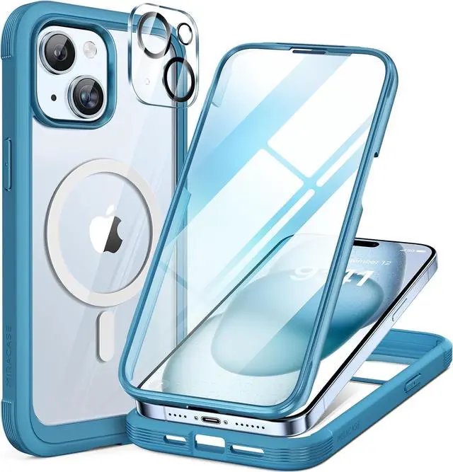 Main image of Glass Series for iPhone 15 Case [Compatible with MagSafe] Full-Body Magnetic Bumper Case with Built-in 9H Tempered Glass Anti-Fingerprint Screen Protector + Camera Lens Protector Sea Blue