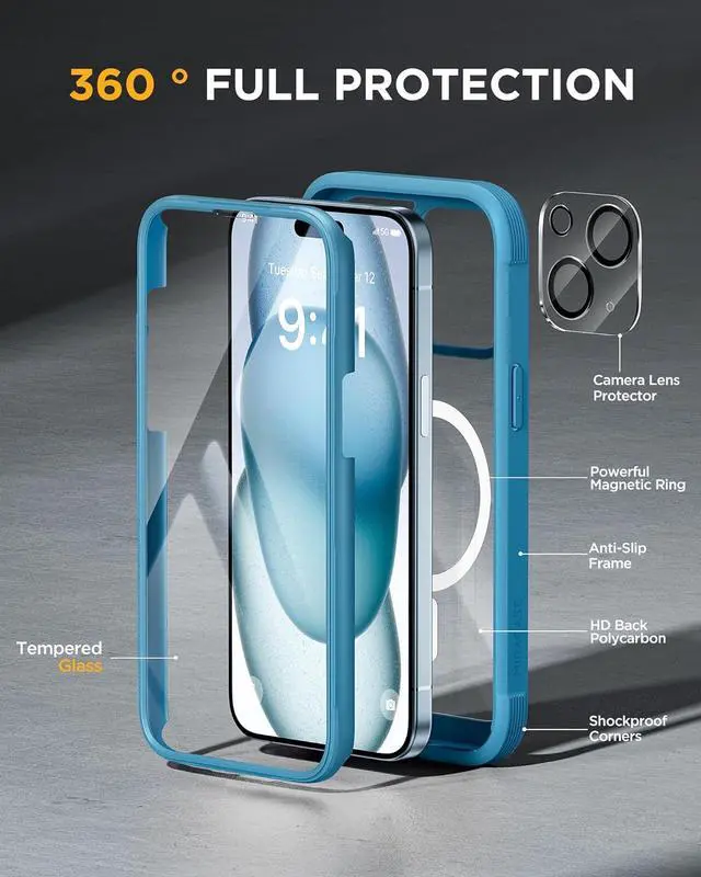 Alt view image 2 of 7 - Glass Series for iPhone 15 Case [Compatible with MagSafe] Full-Body Magnetic Bumper Case with Built-in 9H Tempered Glass Anti-Fingerprint Screen Protector + Camera Lens Protector Sea Blue