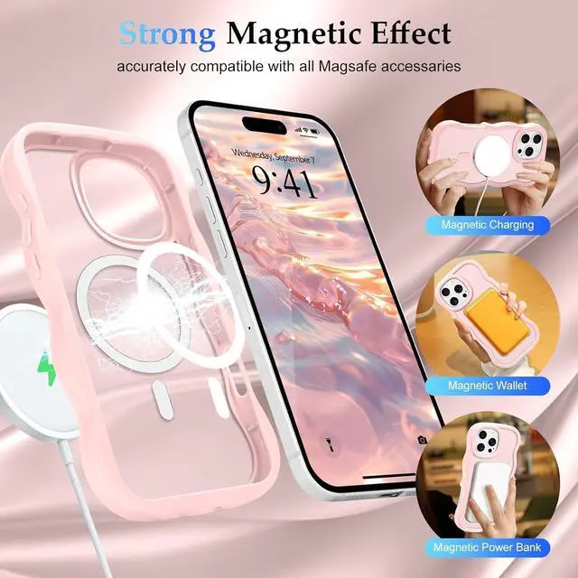 Alt view image 3 of 7 - for iPhone 16 Pro Max Case Curly Wavy Frame Hard Translucent Matte Clear Back Cover for Women Men Compatible with Magsafe TPU Bumper Shockproof Phone Case for iPhone 16 Pro Max Pink