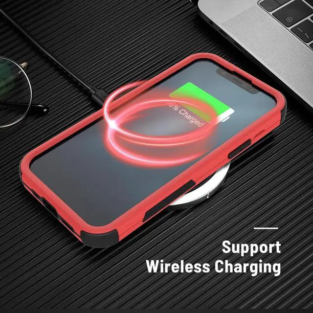 Alt view image 6 of 7 - Heavy Duty Case for iPhone 12/12 Pro 3-Layers Drop Protection Phone Case with [Tempered Glass Screen Protector] Shockproof Rugged Case Cover for iPhone 12/iPhone 12 Pro 6.1 Inch - Red/Black