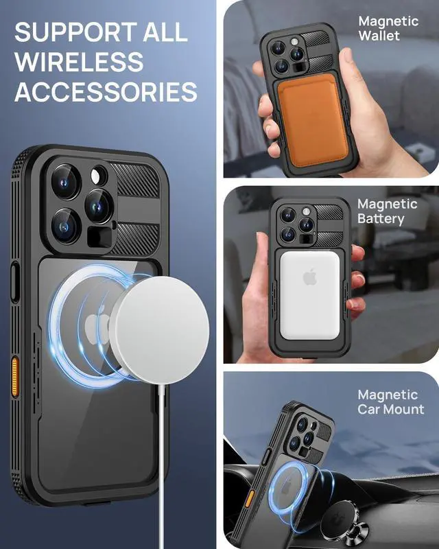 Alt view image 3 of 7 - Magnetic for iPhone 16 Pro Max Case IP68 Waterproof Dustproof Case [Compatible with Magsafe] [Built-in Screen Protector] Full Body Heavy Duty Rugged Phone Cover 6.9 inch Black/Clear