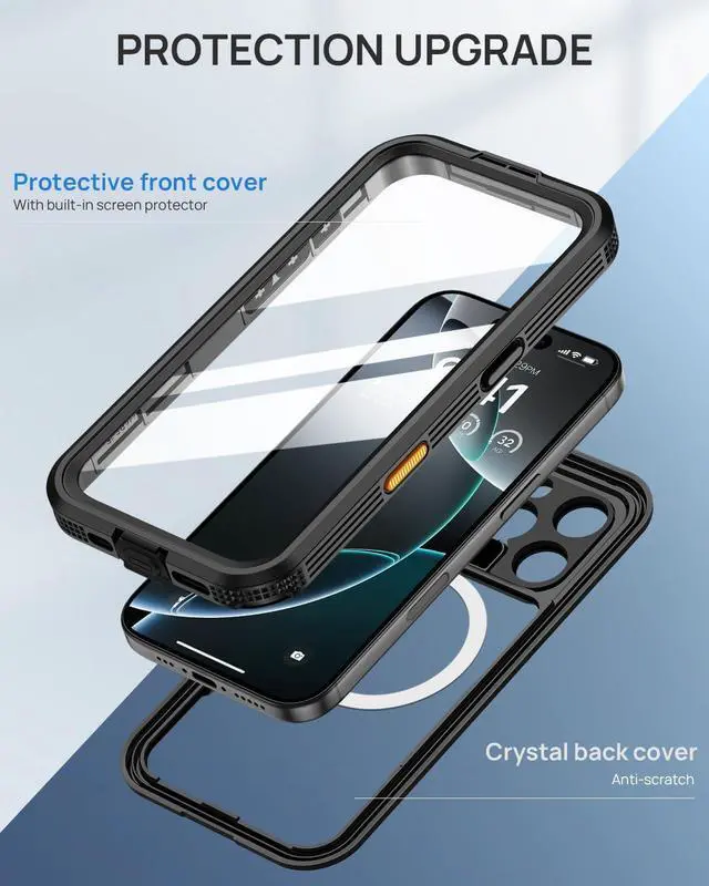 Alt view image 6 of 7 - Magnetic for iPhone 16 Pro Max Case IP68 Waterproof Dustproof Case [Compatible with Magsafe] [Built-in Screen Protector] Full Body Heavy Duty Rugged Phone Cover 6.9 inch Black/Clear