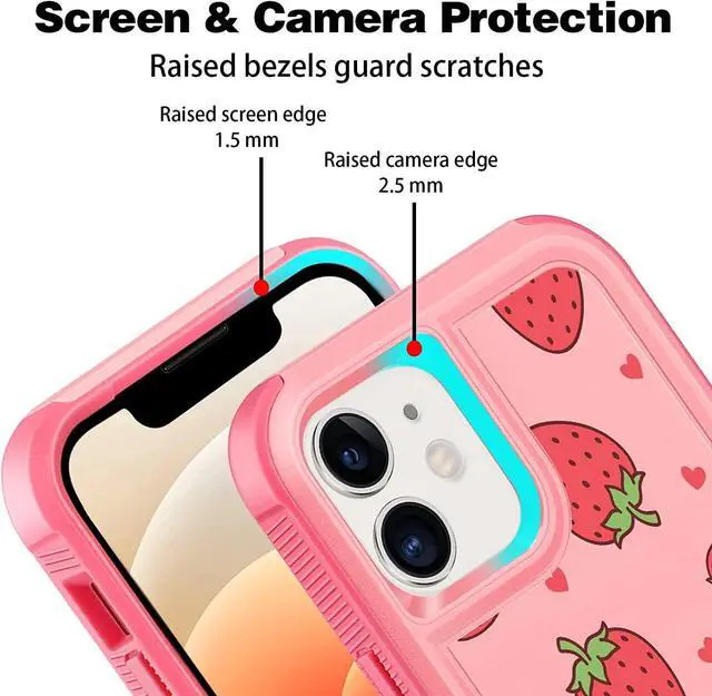 Alt view image 3 of 6 - Designed for iPhone 12 Case & iPhone 12 Pro Case Heavy-Duty Tough Rugged Lightweight Slim Shockproof Protective Pink Case for iPhone 12 & iPhone 12 Pro 6.1 Inch Women Girls Strawberry