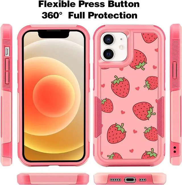Alt view image 5 of 6 - Designed for iPhone 12 Case & iPhone 12 Pro Case Heavy-Duty Tough Rugged Lightweight Slim Shockproof Protective Pink Case for iPhone 12 & iPhone 12 Pro 6.1 Inch Women Girls Strawberry