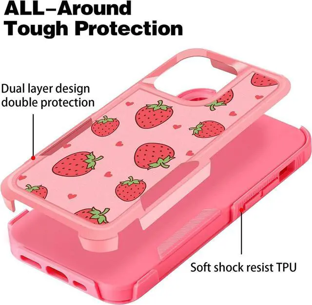 Alt view image 4 of 6 - Designed for iPhone 12 Case & iPhone 12 Pro Case Heavy-Duty Tough Rugged Lightweight Slim Shockproof Protective Pink Case for iPhone 12 & iPhone 12 Pro 6.1 Inch Women Girls Strawberry