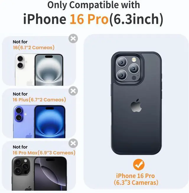 Alt view image 2 of 6 - for iPhone 16 Pro Phone Case Shockproof for iPhone 16 Pro Case Military Grade Drop Protection Protective Hard Back Slim Translucent Cover Black