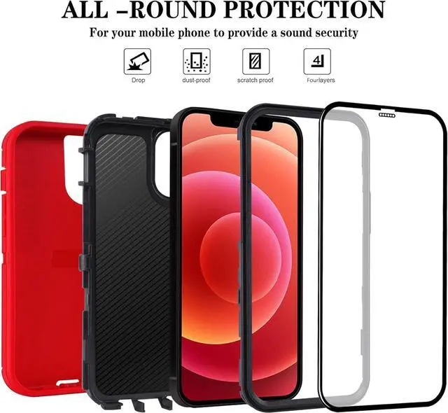 Alt view image 3 of 6 - for iPhone 12/for iPhone 12 Pro Case 6.1 with 2 Screen Protector Full Body Rugged Heavy Duty Military Grade Cover Shockproof/Drop Proof Protection Phone Case (Red Black)
