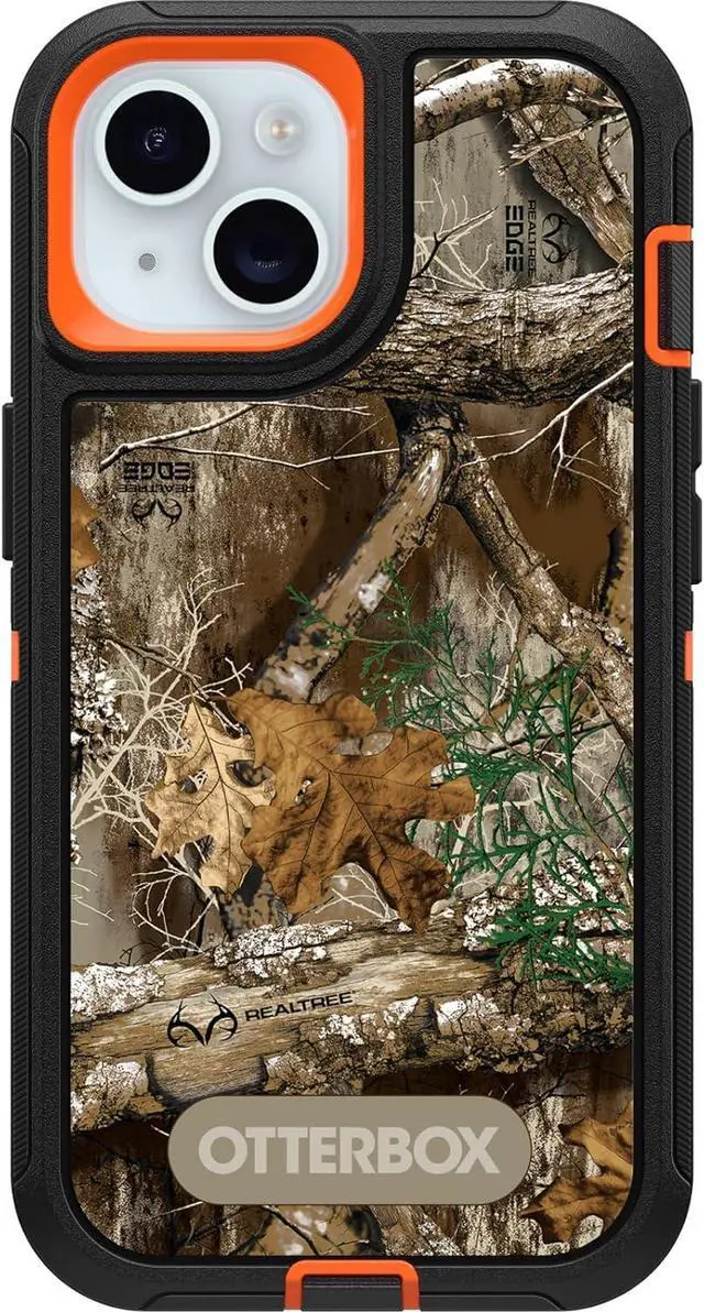 Main image of iPhone 15 iPhone 14 and iPhone 13 Defender Series Case - Realtree Edge (Blaze Orange/Black/RT Edge) Rugged & Durable with Port Protection Includes Holster Clip Kickstand