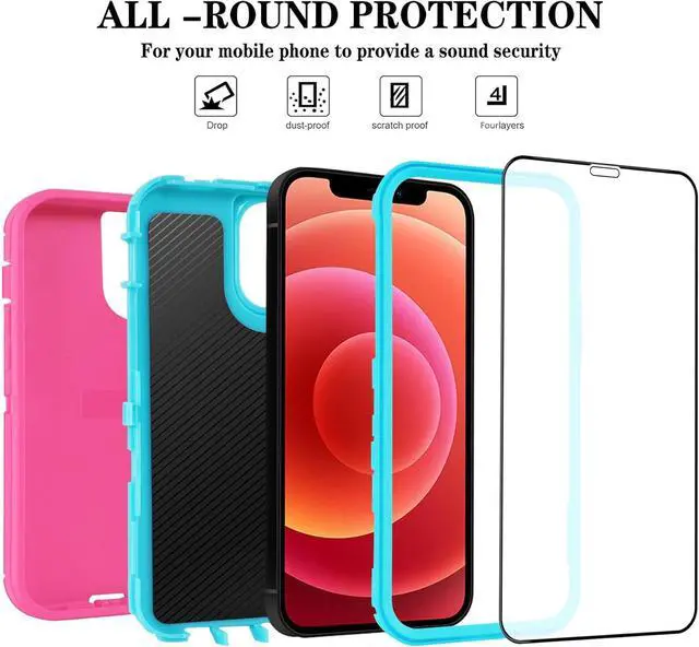 Alt view image 3 of 6 - for iPhone 12/for iPhone 12 Pro Case 6.1 with 2 Screen Protector Full Body Rugged Heavy Duty Military Grade Cover Shockproof/Drop Proof Protection Phone Case (Pink Blue)