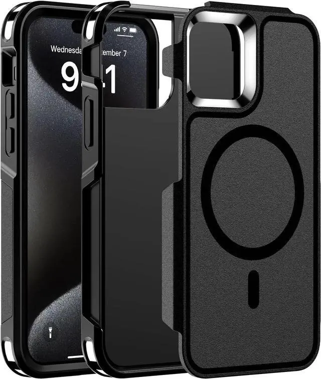 Main image of Magnetic Case for iPhone 15 Pro Max [Compatible with Magsafe] [Military Grade Drop Protection] Dual Layer Heavy Duty Shockproof Phone Case 15 Pro Max Black