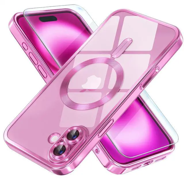 Main image of Magnetic for iPhone 16 Plus Case with MagSafe [Never Yellowing] [Military Grade Drop Protection] Full Camera Lens Protector Plating Soft Clear Phone Case for Women Girls 6.7 inch Hot Pink