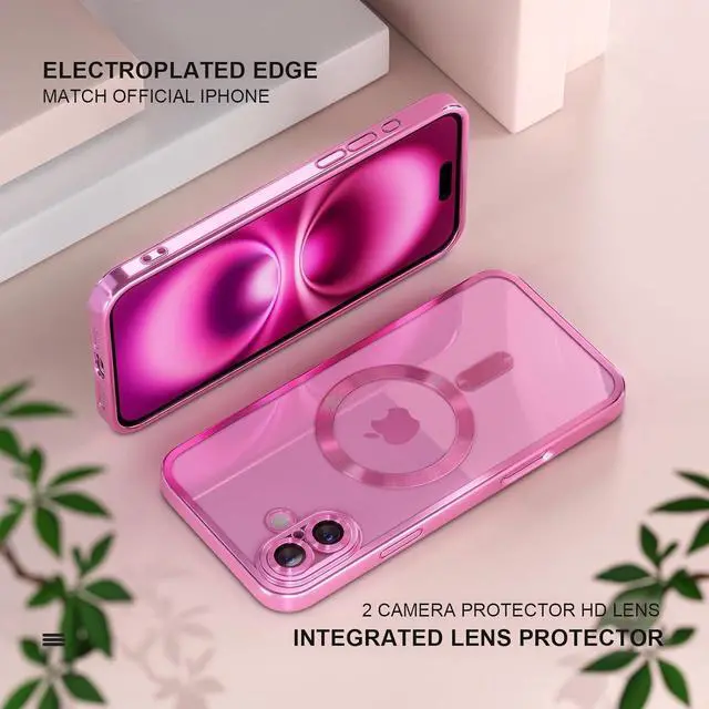 Alt view image 6 of 7 - Magnetic for iPhone 16 Plus Case with MagSafe [Never Yellowing] [Military Grade Drop Protection] Full Camera Lens Protector Plating Soft Clear Phone Case for Women Girls 6.7 inch Hot Pink