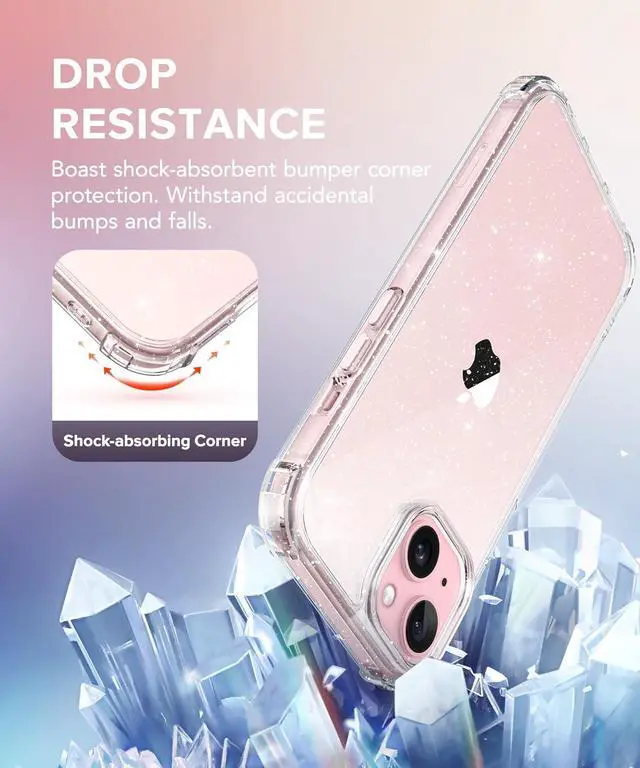 Alt view image 2 of 7 - 3 in 1 Compatible with iPhone 15 Case Glitter with Screen Protector + Camera Lens Protector [Non-Yellowing] Clear Sparkle Slim Shockproof Hard Phone Cover for Women 6.1 Inch Shiny Clear