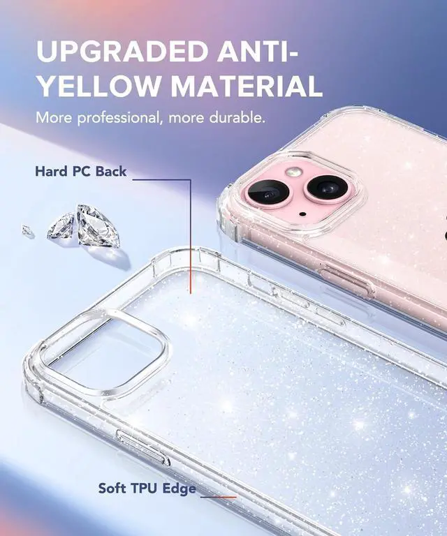 Alt view image 3 of 7 - 3 in 1 Compatible with iPhone 15 Case Glitter with Screen Protector + Camera Lens Protector [Non-Yellowing] Clear Sparkle Slim Shockproof Hard Phone Cover for Women 6.1 Inch Shiny Clear