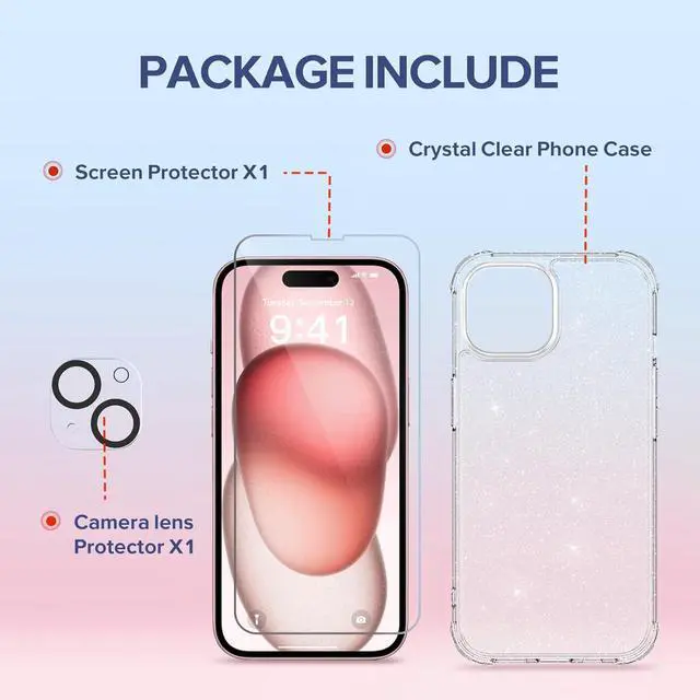 Alt view image 6 of 7 - 3 in 1 Compatible with iPhone 15 Case Glitter with Screen Protector + Camera Lens Protector [Non-Yellowing] Clear Sparkle Slim Shockproof Hard Phone Cover for Women 6.1 Inch Shiny Clear