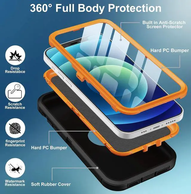 Alt view image 3 of 7 - for iPhone 12 Case iPhone 12 Pro Case with Built in Screen Protector Heavy Duty Drop Protection Shockproof Dust Proof Protective Phone Cover for  iPhone 12/12 Pro (Black/Orange)