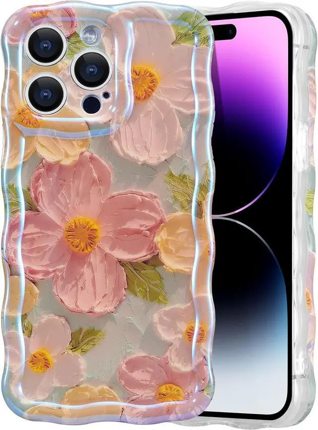 Main image of Case for iPhone 16 Pro Max Colorful Retro Oil Painting Printed Flower Laser Glossy Pattern Cute Curly Wave Edge Exquisite Phone Cover Stylish Durable TPU Protective Case for Girl Women-Green