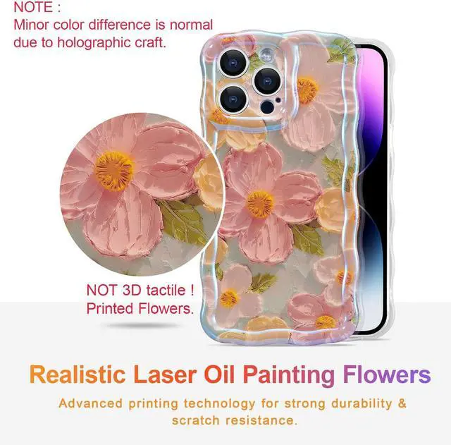Alt view image 2 of 7 - Case for iPhone 16 Pro Max Colorful Retro Oil Painting Printed Flower Laser Glossy Pattern Cute Curly Wave Edge Exquisite Phone Cover Stylish Durable TPU Protective Case for Girl Women-Green