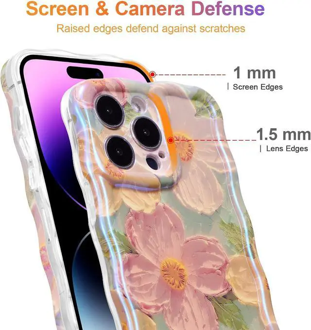 Alt view image 4 of 7 - Case for iPhone 16 Pro Max Colorful Retro Oil Painting Printed Flower Laser Glossy Pattern Cute Curly Wave Edge Exquisite Phone Cover Stylish Durable TPU Protective Case for Girl Women-Green