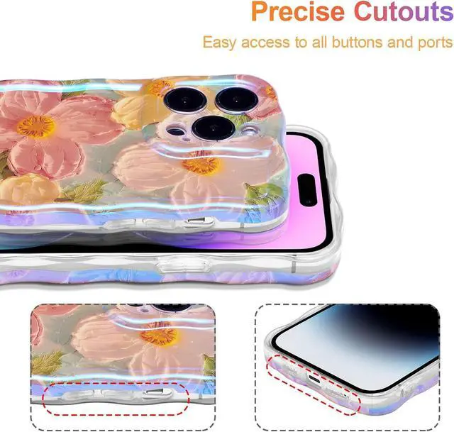 Alt view image 5 of 7 - Case for iPhone 16 Pro Max Colorful Retro Oil Painting Printed Flower Laser Glossy Pattern Cute Curly Wave Edge Exquisite Phone Cover Stylish Durable TPU Protective Case for Girl Women-Green