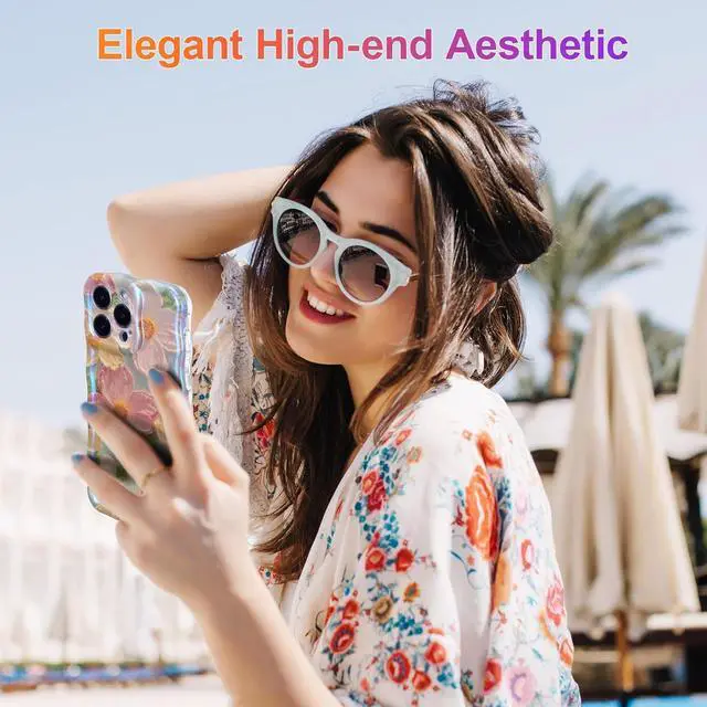 Alt view image 7 of 7 - Case for iPhone 16 Pro Max Colorful Retro Oil Painting Printed Flower Laser Glossy Pattern Cute Curly Wave Edge Exquisite Phone Cover Stylish Durable TPU Protective Case for Girl Women-Green