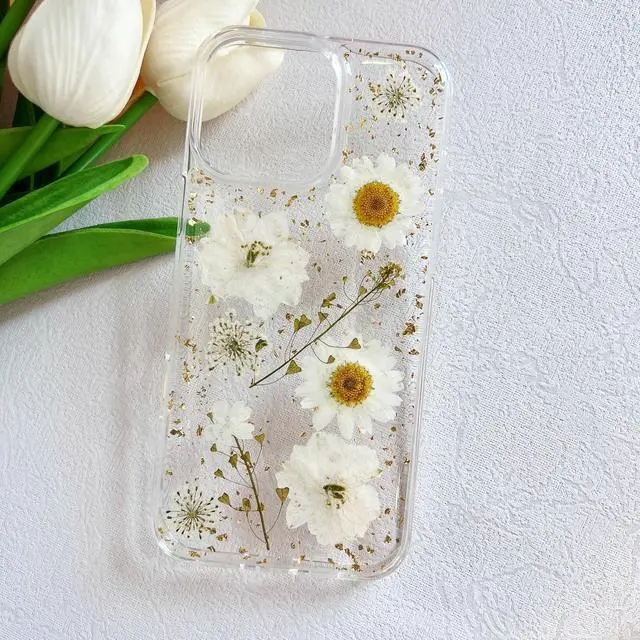 Alt view image 3 of 7 - for iPhone 16 Pro Clear Case with Pressed Real Flowers Design Glitter Cute White Floral Pattern Slim Soft TPU Protective Women Girls Phone Cover for iPhone 16 Pro