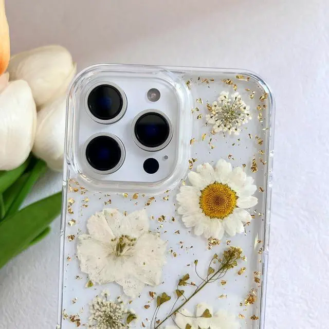 Alt view image 4 of 7 - for iPhone 16 Pro Clear Case with Pressed Real Flowers Design Glitter Cute White Floral Pattern Slim Soft TPU Protective Women Girls Phone Cover for iPhone 16 Pro