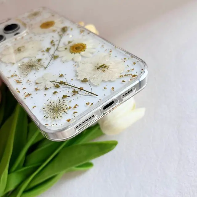 Alt view image 7 of 7 - for iPhone 16 Pro Clear Case with Pressed Real Flowers Design Glitter Cute White Floral Pattern Slim Soft TPU Protective Women Girls Phone Cover for iPhone 16 Pro