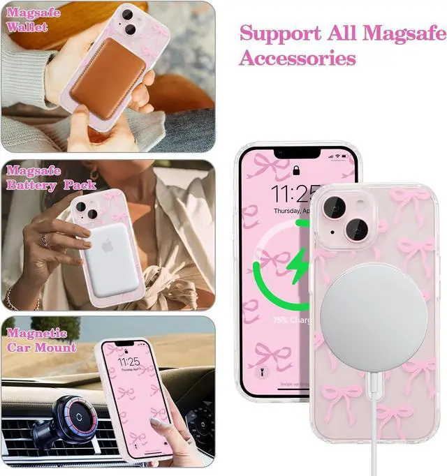 Alt view image 2 of 7 - Magnetic for iPhone 15 Case Bow Case Compatible with MagSafe Wireless Slim Clear Ribbon Aesthetic Phone Cover Anti-Yellowing Shockproof Protective Cover for Women Girl - Pink